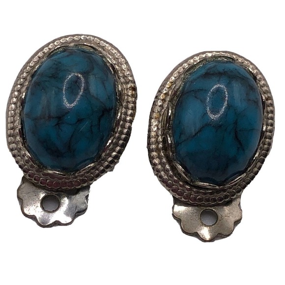 Vintage Earrings Clip On Silver Tone Oval Faux Turquoise Cabochon 3/4" - Picture 7 of 7